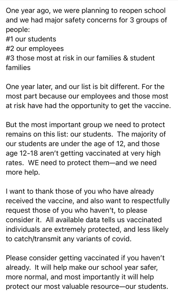 Explanation of our efforts to keep children safe and a respectful request for more adults to get vaccinated.