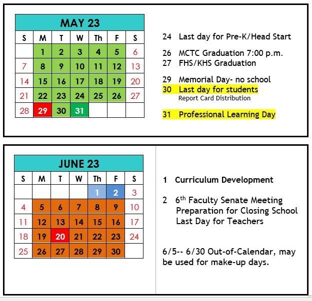 image highlights calendar changes related May 30 becoming last day for students.